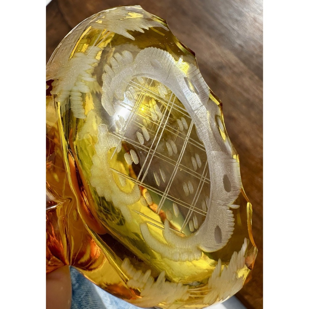 Antique Bohemian Amber Cut Clear Crystal Pedestal Salt Cellar Bowl Etched Art - Picture 7 of 12